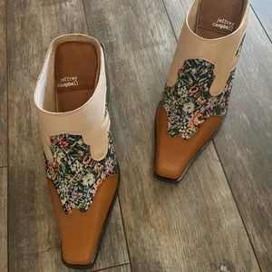 Jeffrey Campbell cowgirl tan multi tapestry floral western mules